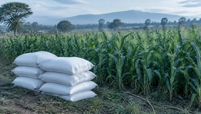 Sacks of maize seed beside a maize field