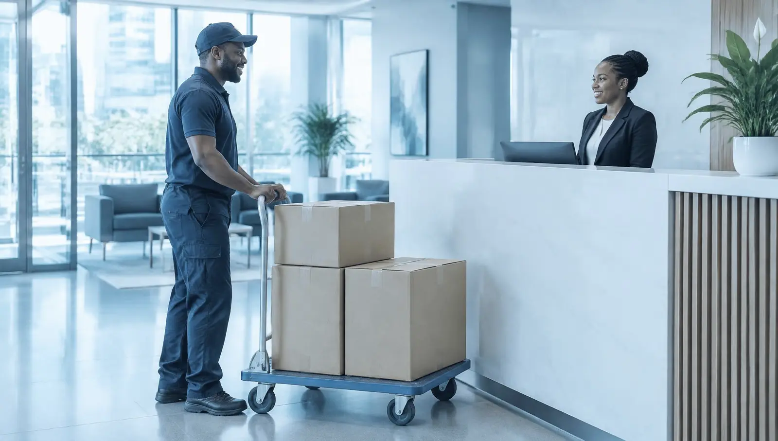 Delivery arriving at a modern office reception