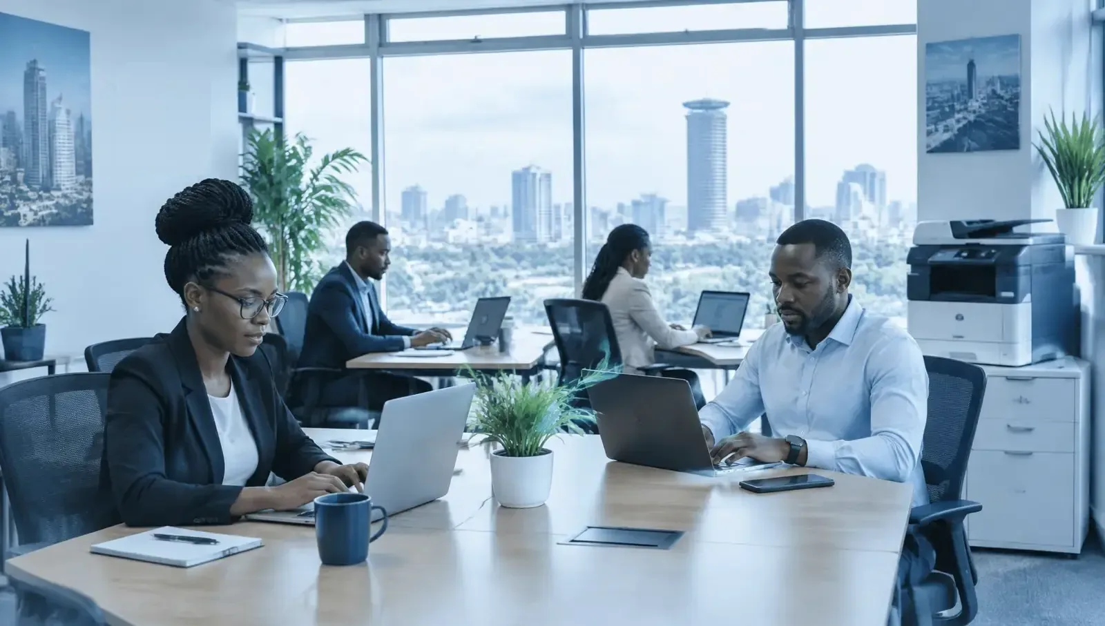 Professionals working on laptops in a bright Nairobi office with a printer nearby