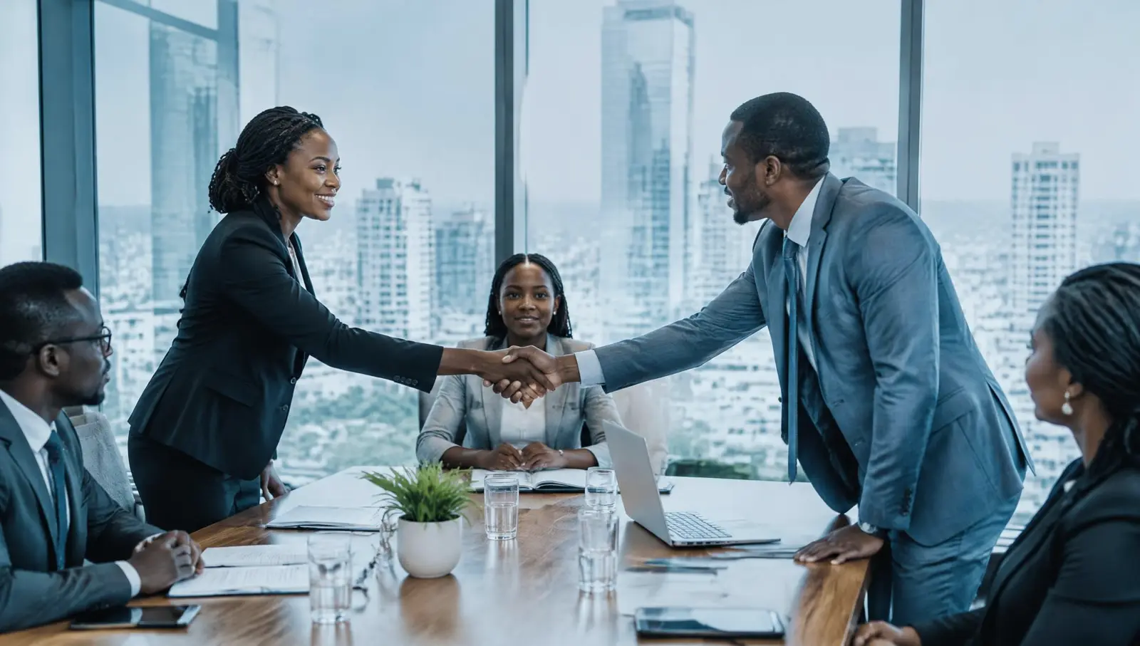 Professionals shaking hands across a meeting table in a Nairobi office