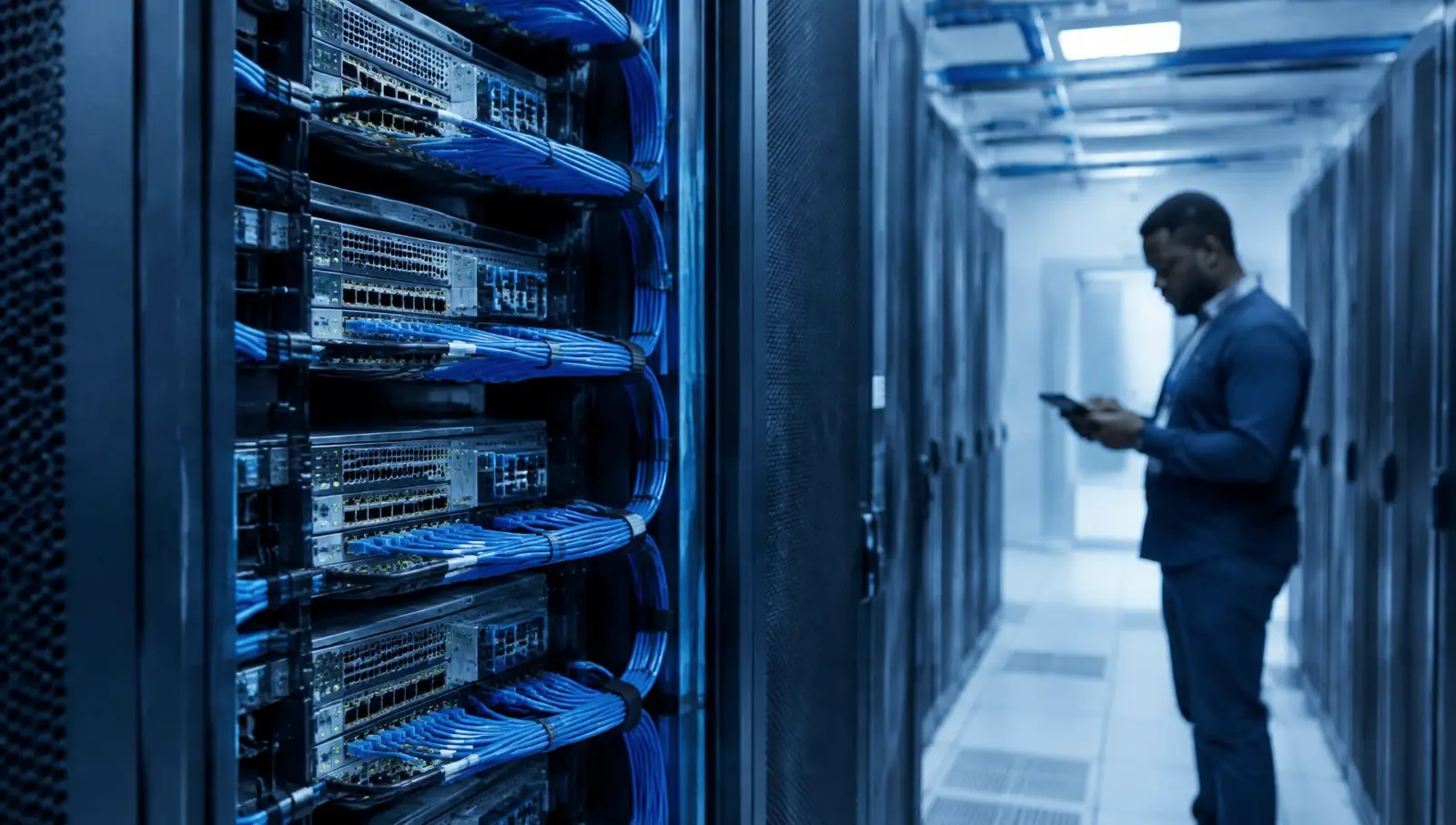 Server rack with neat blue network cabling