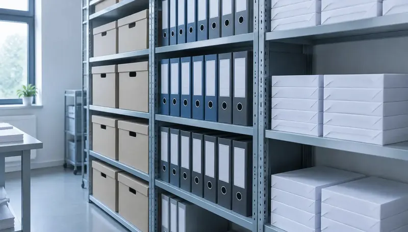 Box files and paper reams on office shelves