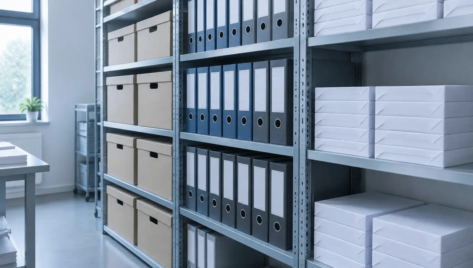 Box files and paper reams stacked on office shelving