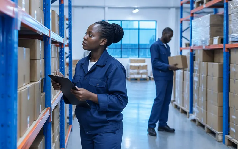 Warehouse staff checking stock on shelving with a clipboard