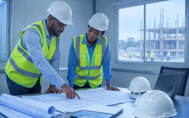 Engineers in hard hats and reflective vests reviewing building plans at a site office