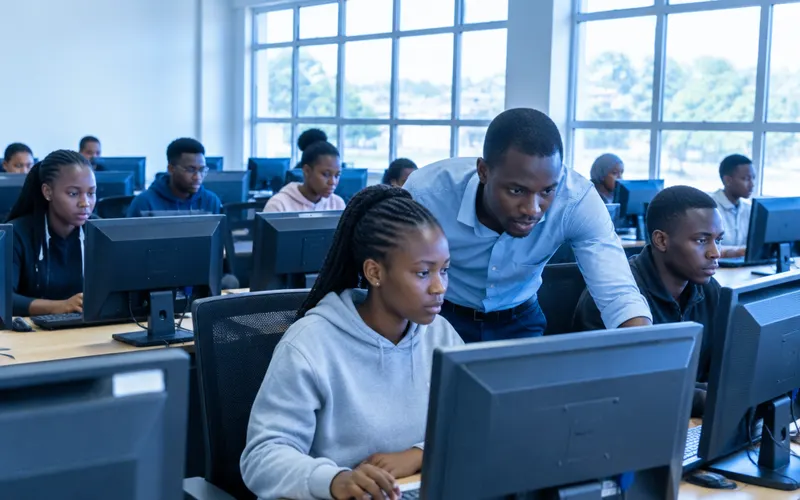Students working at computers in a bright college computer lab, with an instructor helping one of them